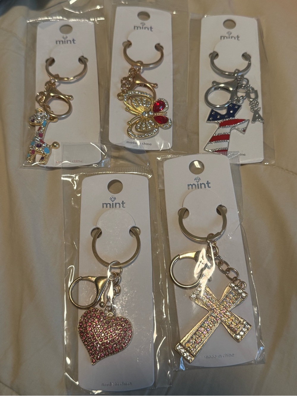 Mint set of 5 Rhinestone Charm Keychains - Pink Heart, Cross & Patriotic